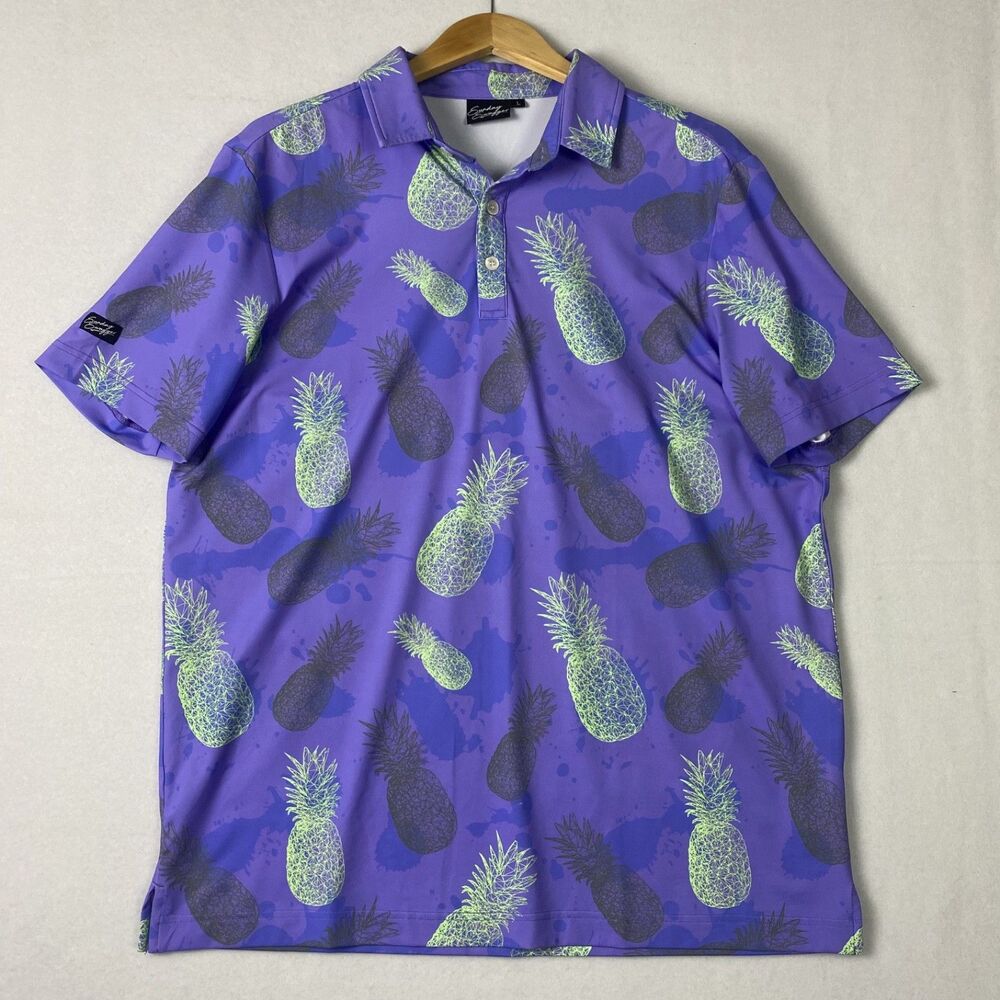Sunday Swagger Golf Polo Shirt Mens LARGE Pineapple All Over Print Loud Purple